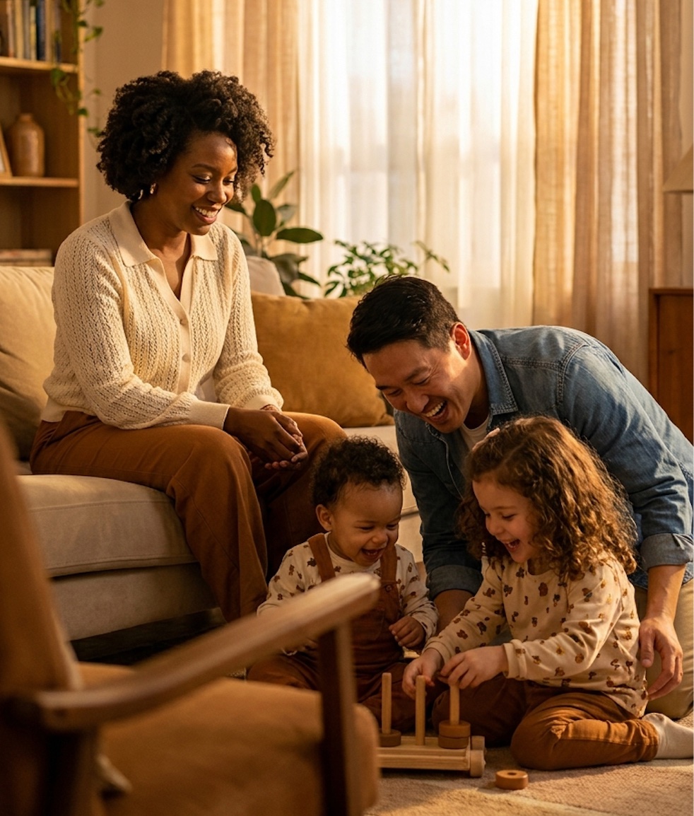 Mixed family with two young children playing together at home
